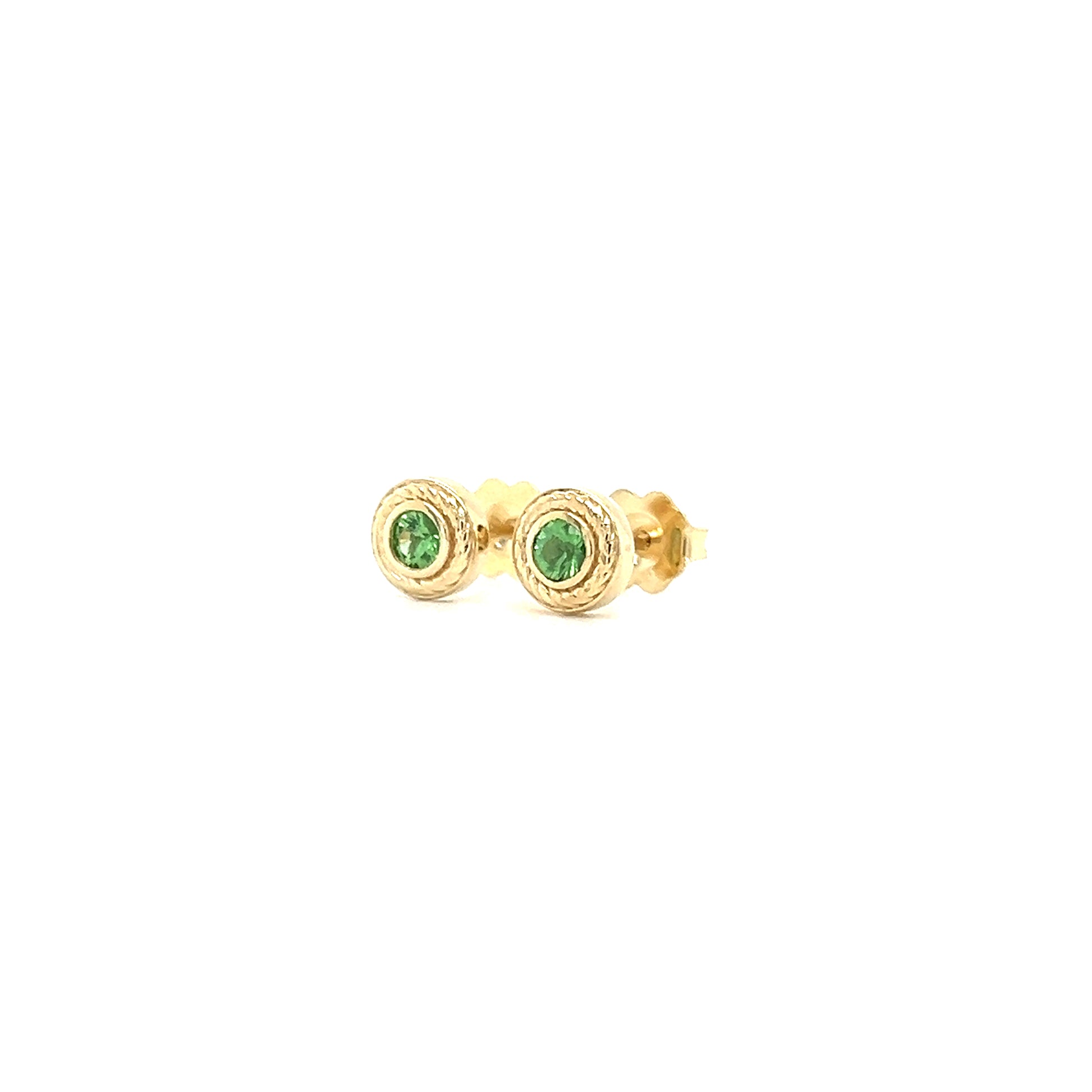 Round Tsavorite Stud Earrings with Rope Details in 14K Yellow Gold Right Side View