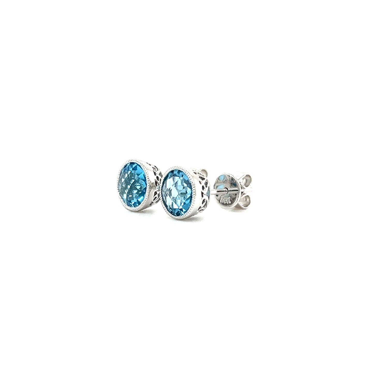Blue Topaz Stud Earrings with Filigree and Milgrain Details in 14K White Gold Right Side View