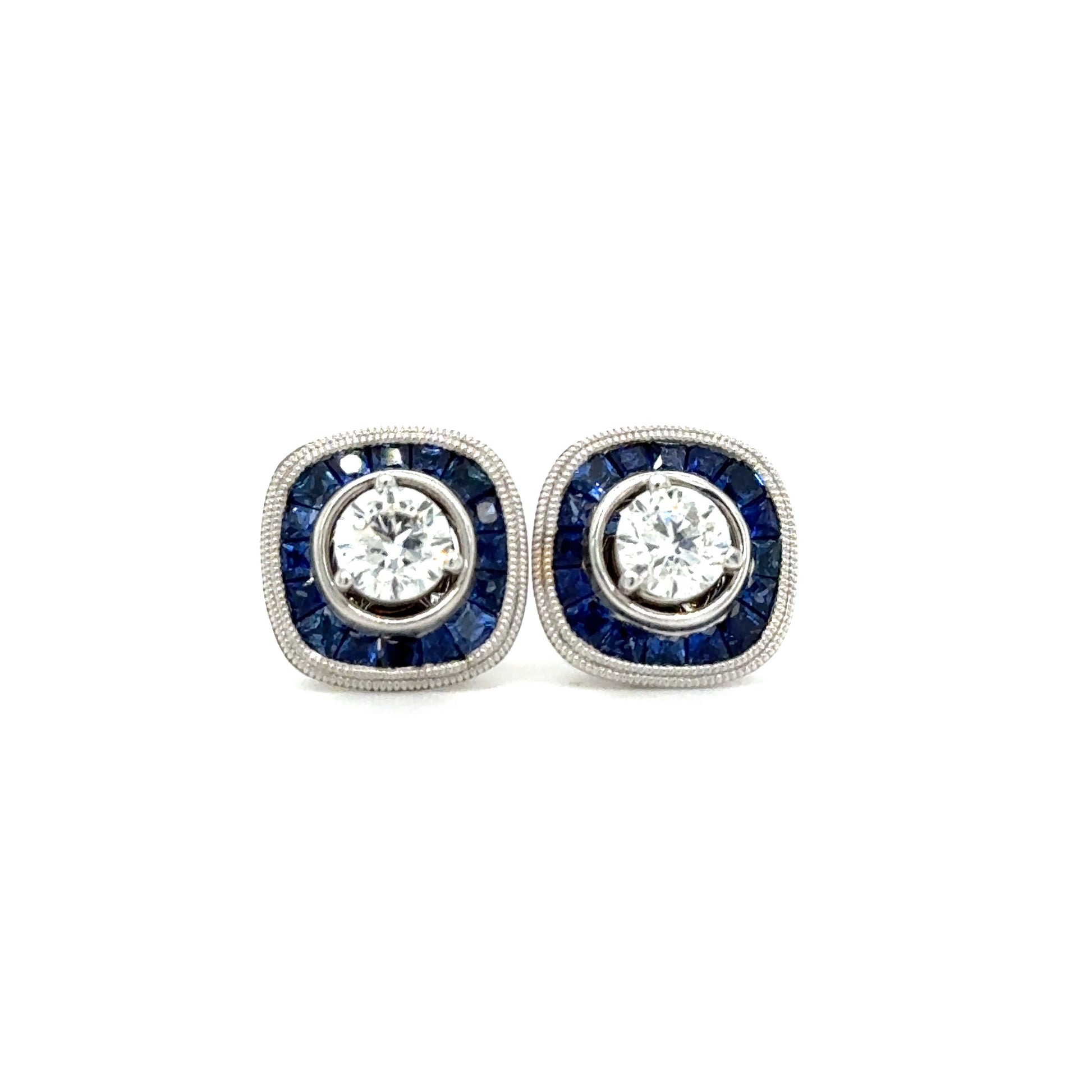 Diamond 0.72ctw Stud Earrings with Blue Sapphire Jackets in 14K White Gold Front View