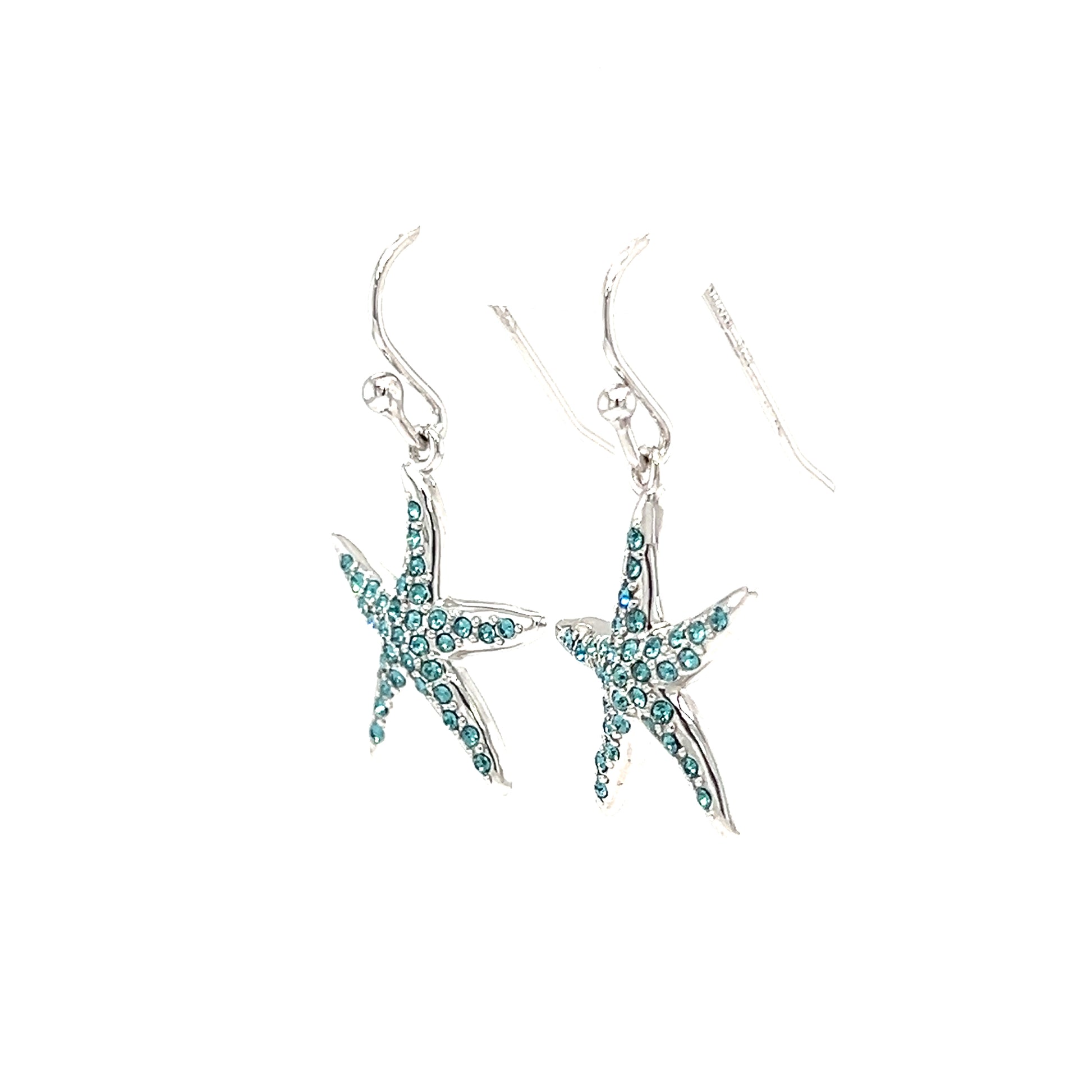 Starfish Dangle Earrings with Aquamarine Crystals in Sterling Silver Right Side View