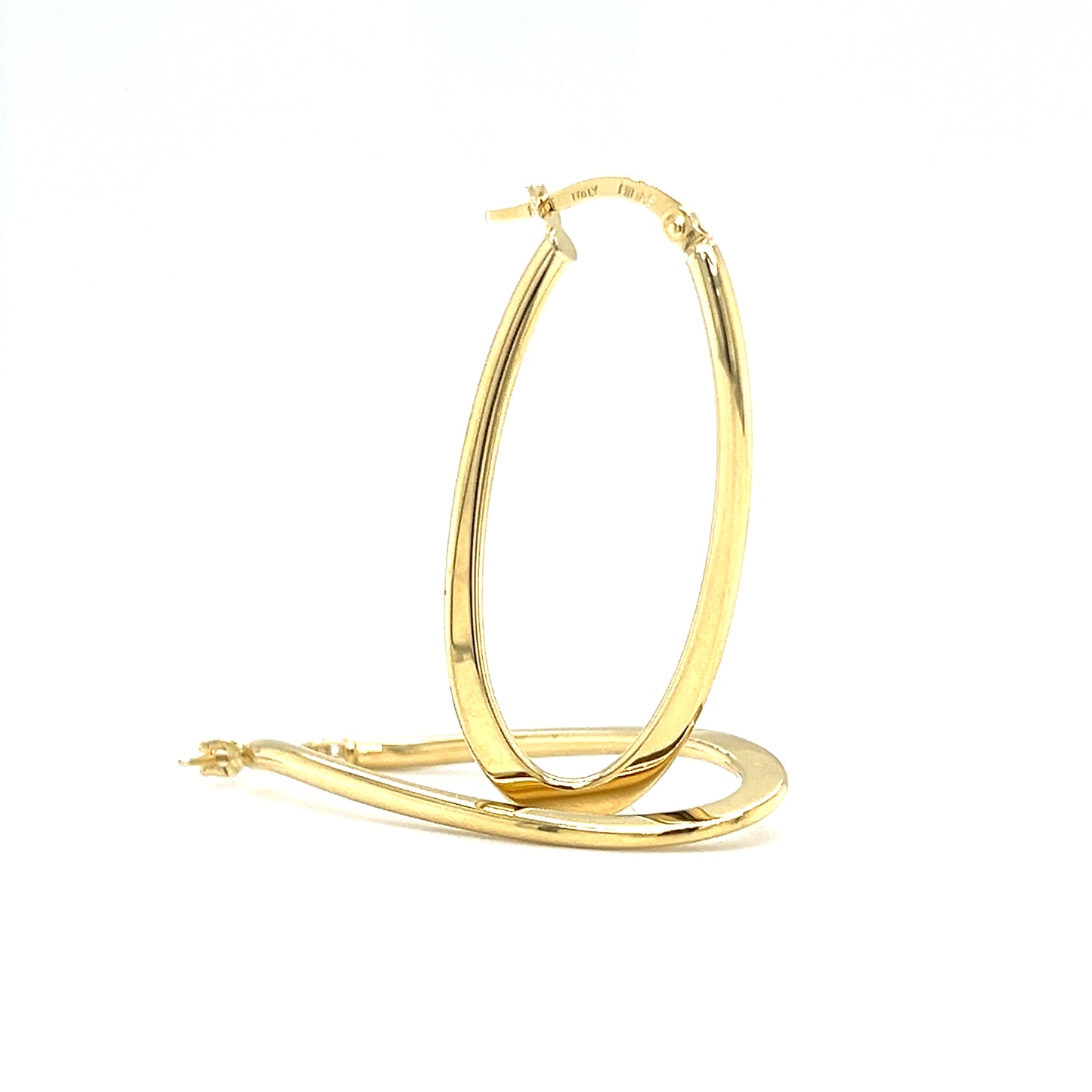 Oval 16.5mm Hoop Earrings with Twisted Design in 14K Yellow Gold Front and Side View