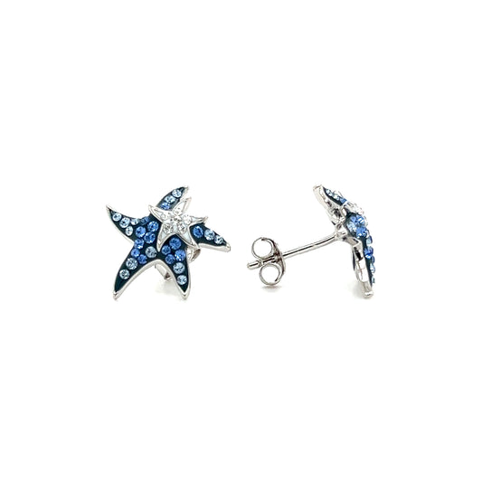 Blue and White Starfish Post Earrings with White and Blue Crystals in Sterling Silver Side and Front View