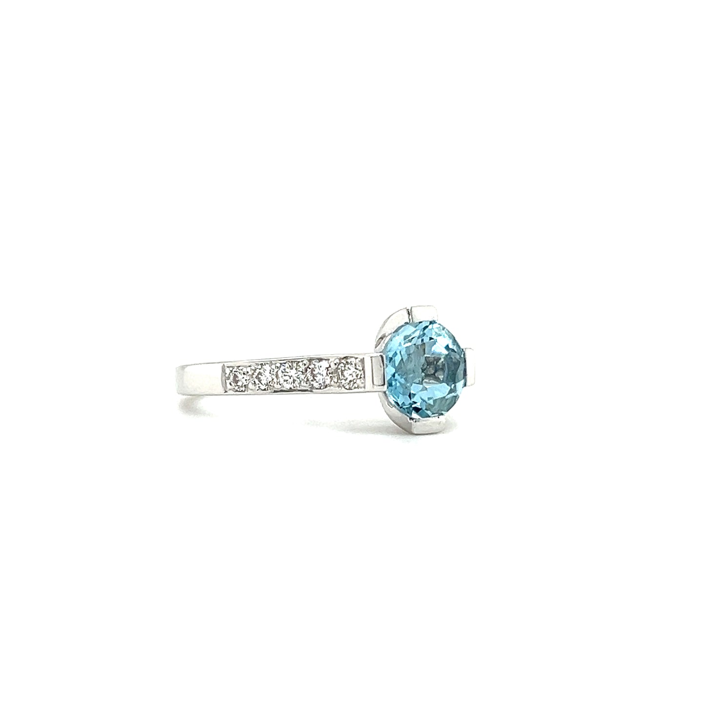 Round Aquamarine Ring with 0.28ctw of Diamonds in 14K White Gold. Left Side