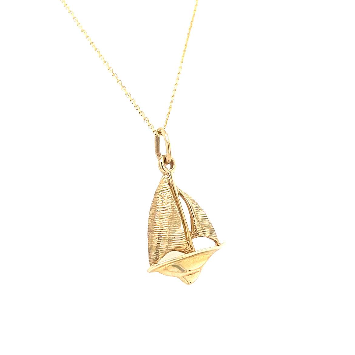 Sloop Sailboat Charm with Textured Sails in 14K Yellow Gold. Charm and Chain Left Side View