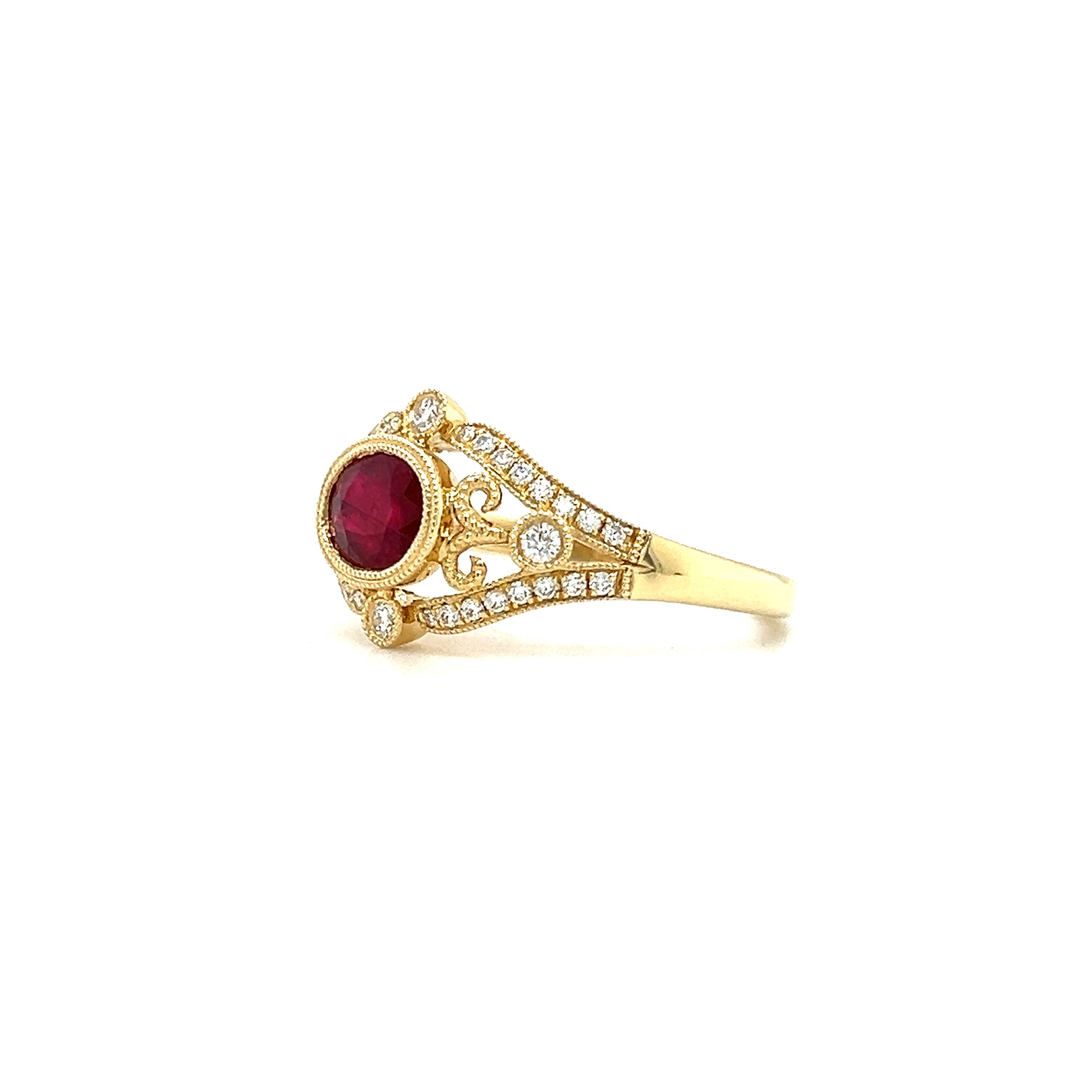 Oval Ruby Ring with Side Diamonds and Filigree in 14K Yellow Gold Right Side View