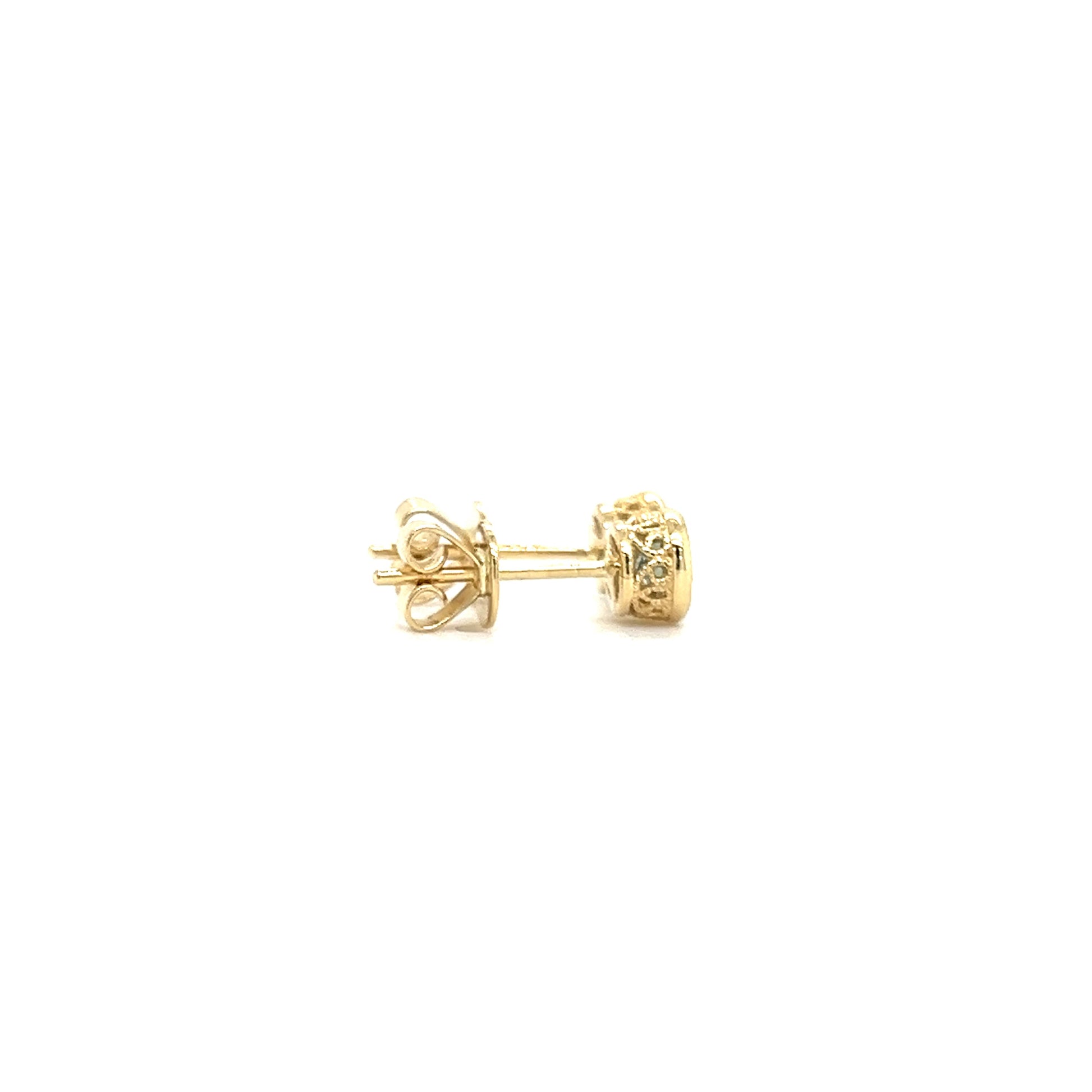 Round Blue Topaz Stud Earrings with Filigree and Milgrain Details in 14K Yellow Gold. Left Profile