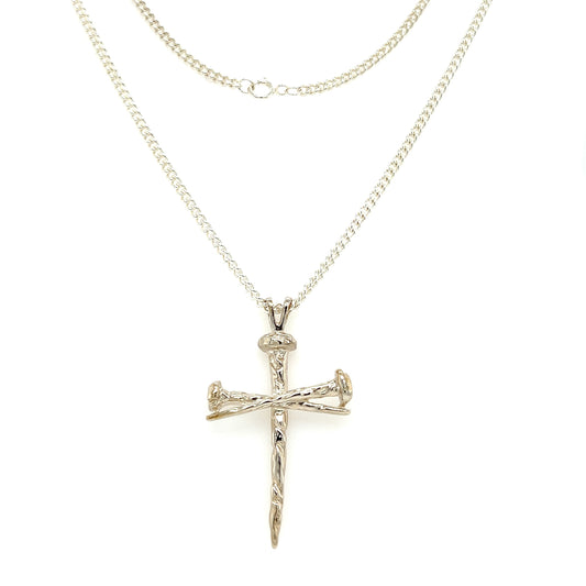 Nail Cross Necklace with Textured Details in Sterling Silver Full Necklace View