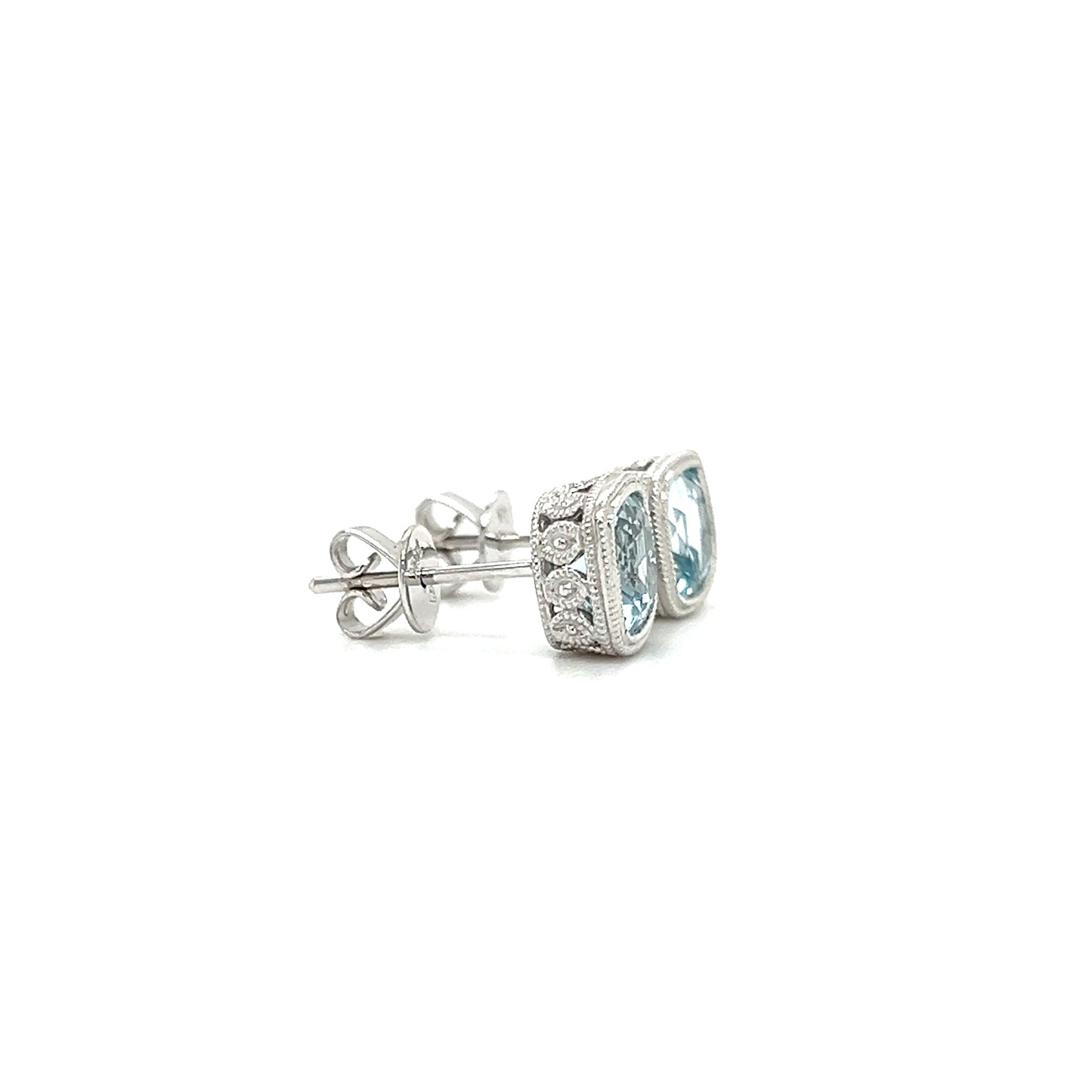 Aquamarine Stud Earrings with Milgrain and Filigree Details in 14K White Gold Left Side View