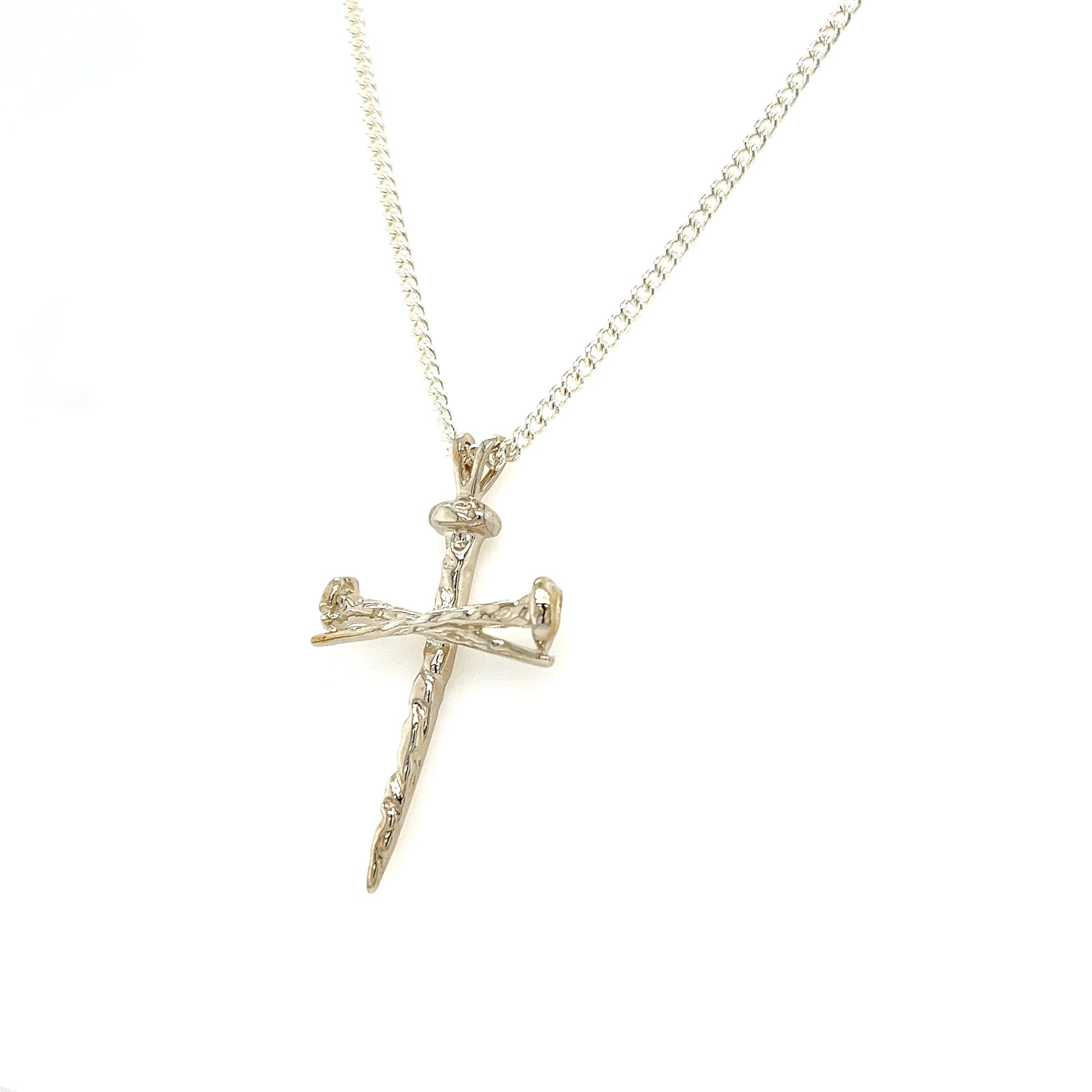 Nail Cross Necklace with Textured Details in Sterling Silver Right Side View