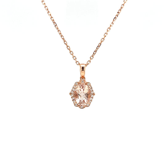 Oval Morganite Pendant with Eighteen Diamonds in 14K Rose Gold Front View