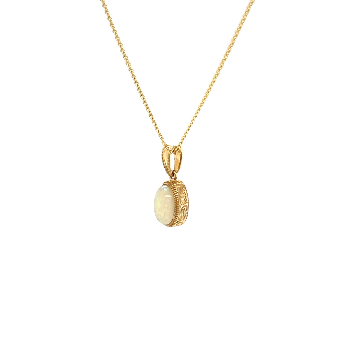 White Opal Pendant with Engraving and Milgrain Details in 14K Yellow Gold Right Profile View