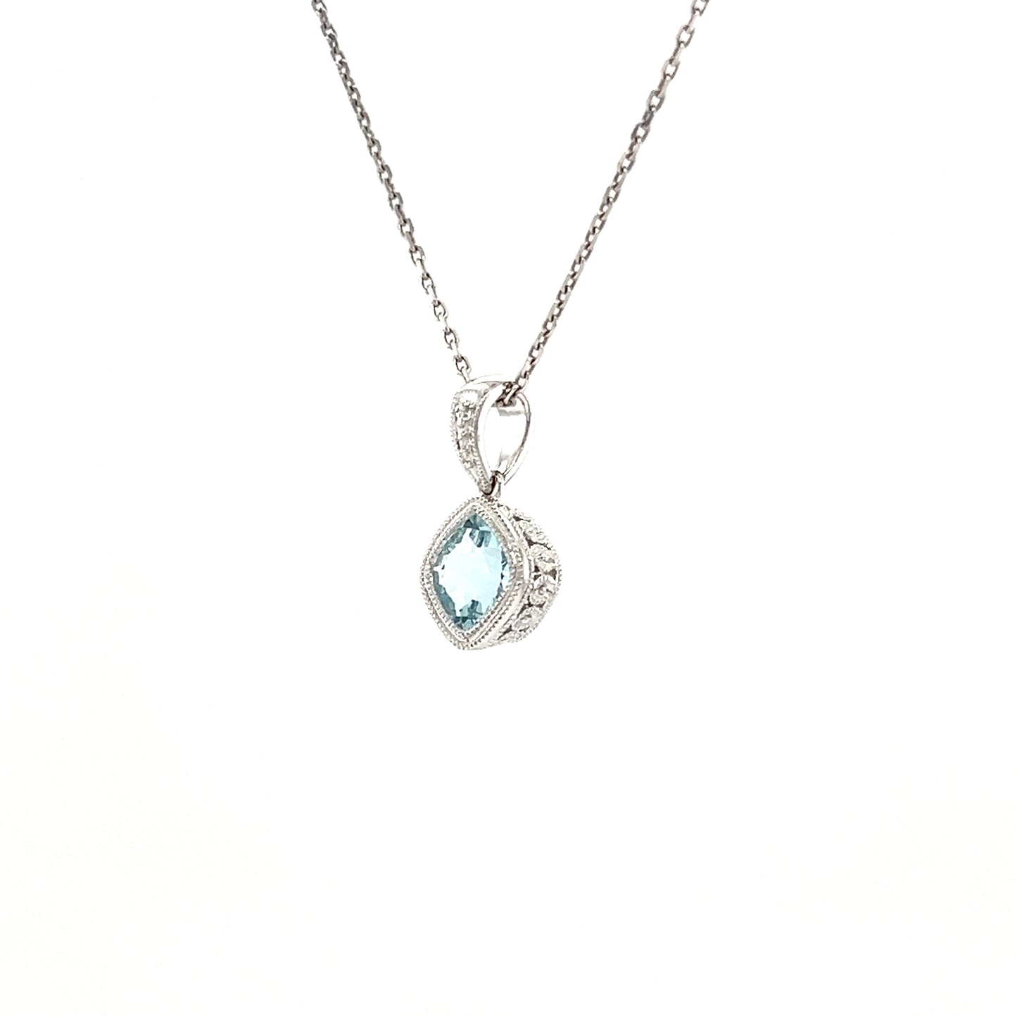 Cushion Aquamarine Pendant with Filigree and Milgrain Details in 14K White Gold Right Side View