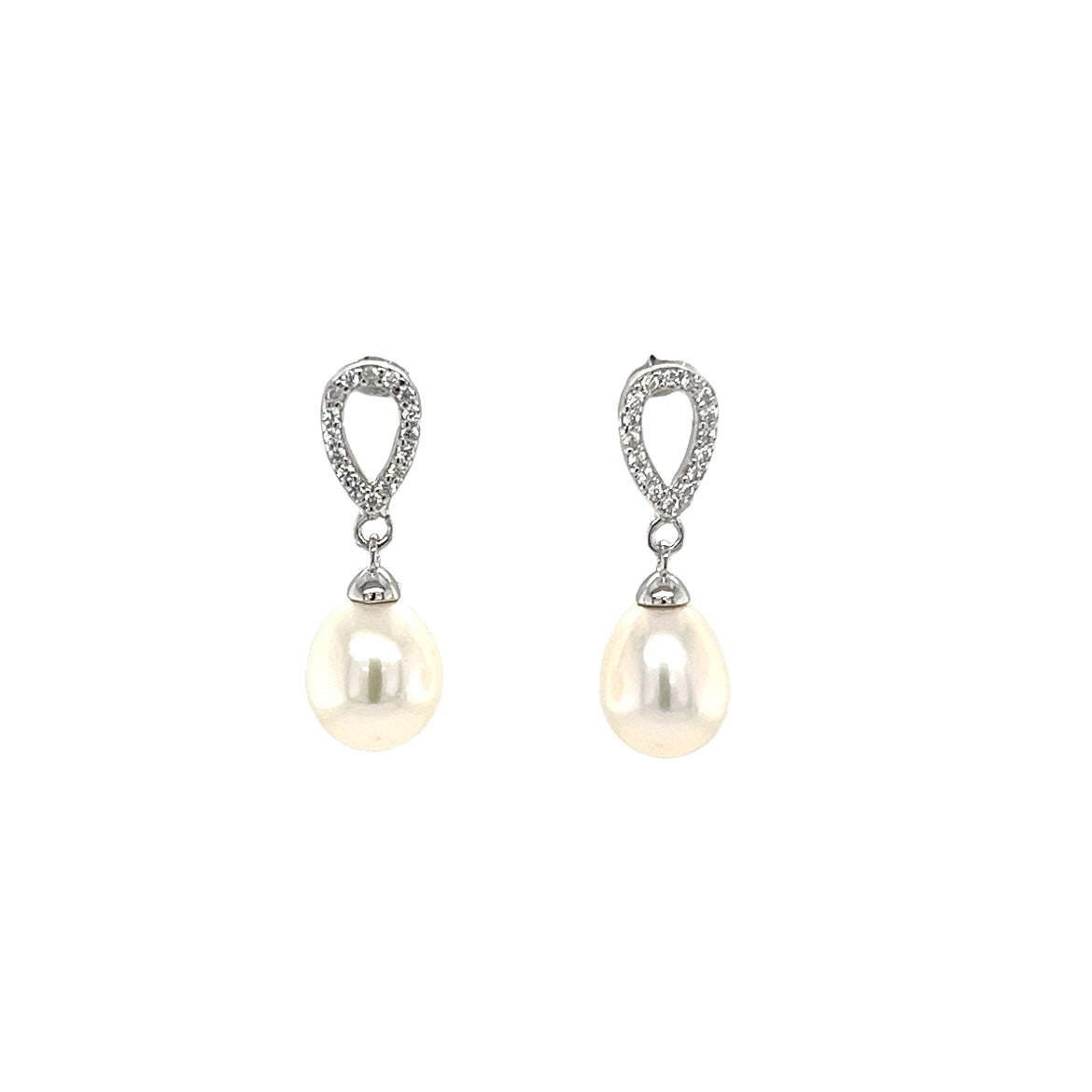 Rice Pearl Dangle Earrings with White Crystals and Sterling Silver Front View