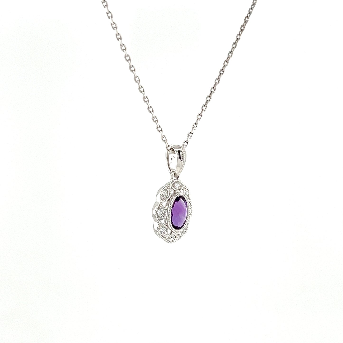 Oval Amethyst Pendant with Diamond Halo in 14K White Gold Left Side View