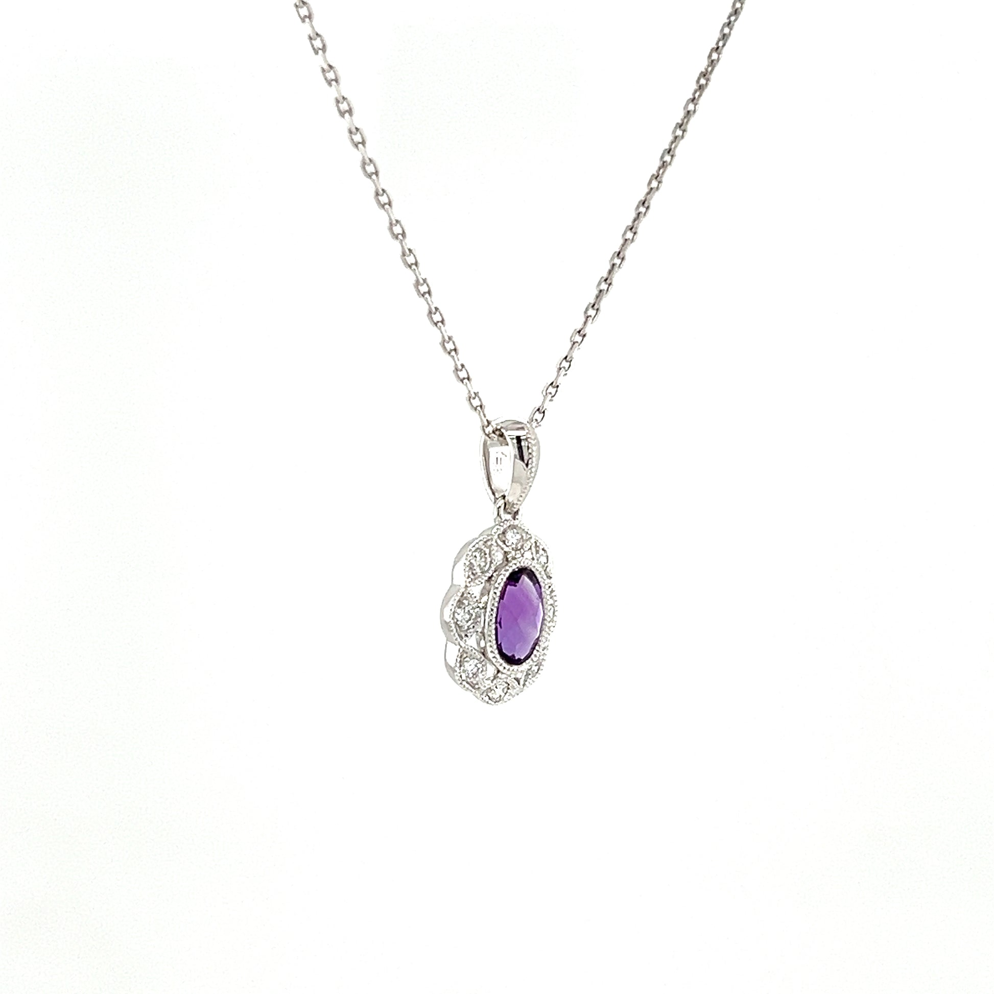 Oval Amethyst Pendant with Diamond Halo in 14K White Gold Left Side View