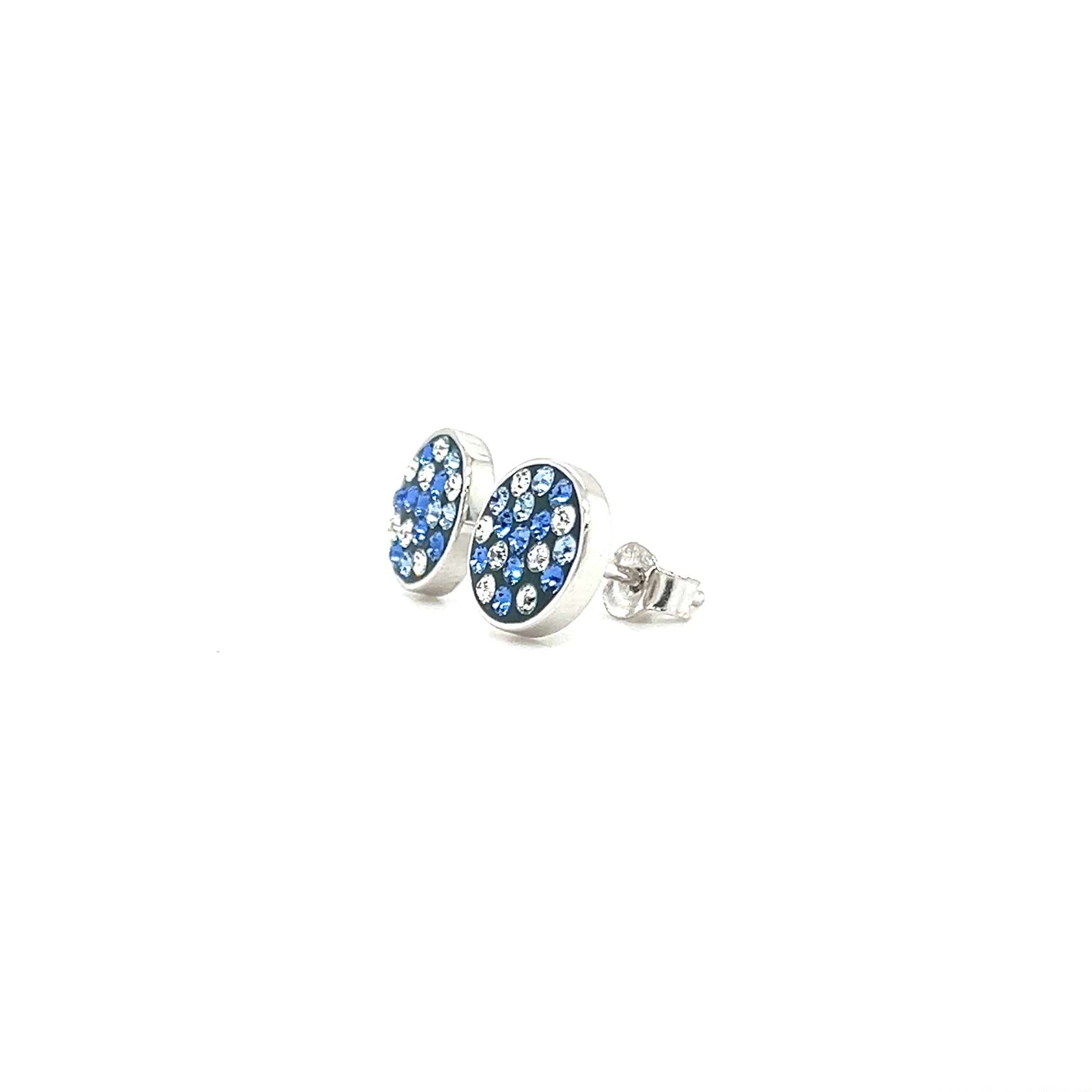 Round Blue Post Earrings with Blue and White Crystals in Sterling Silver Right Side View