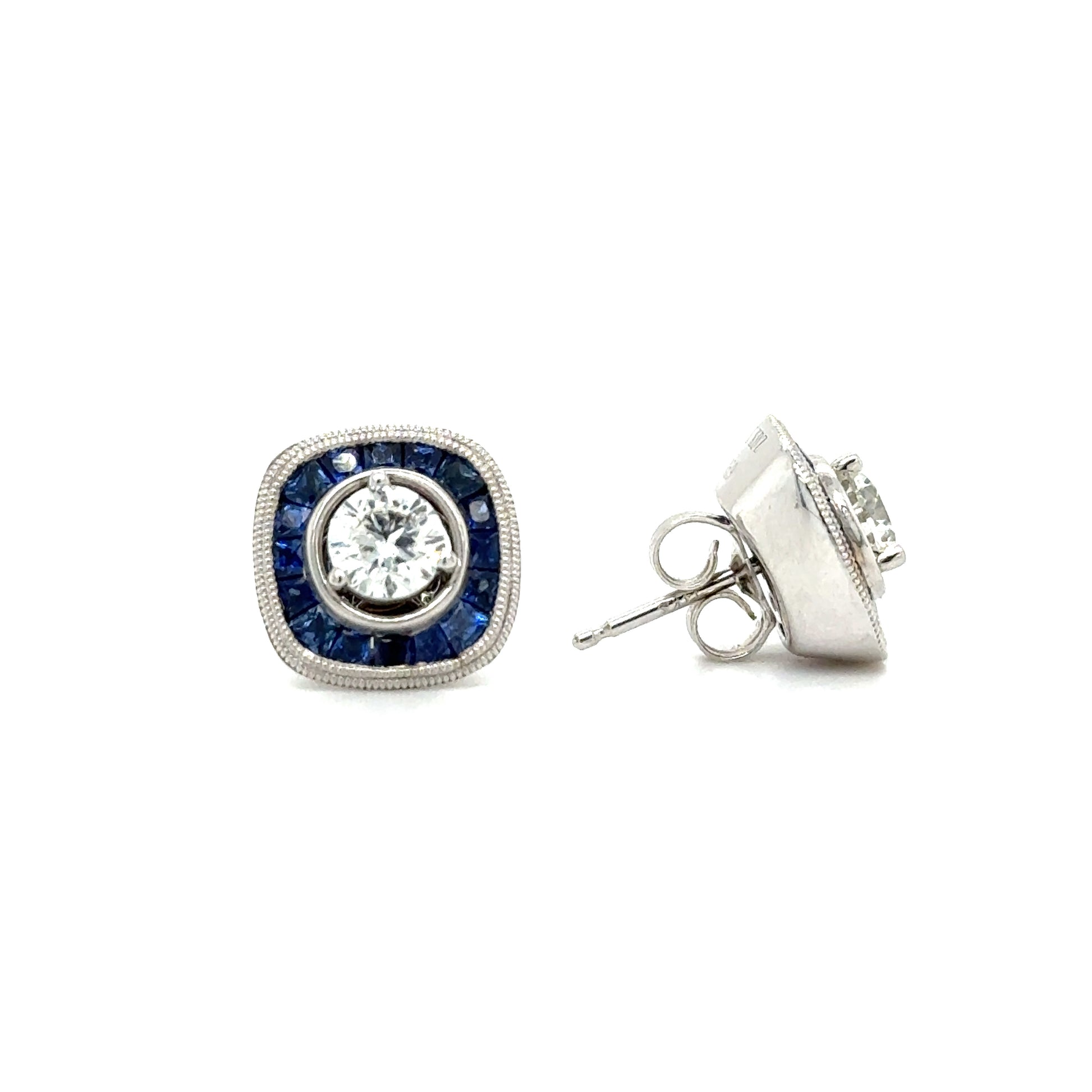 Diamond 0.72ctw Stud Earrings with Blue Sapphire Jackets in 14K White Gold Front and Side View