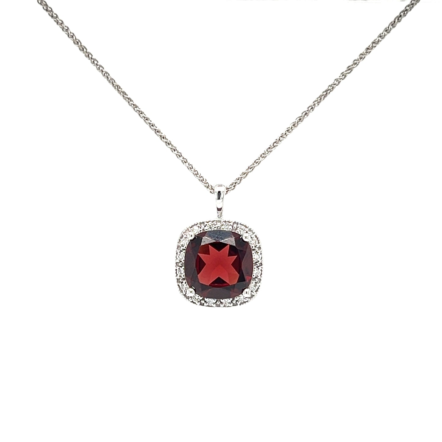 Cushion Garnet Pendant with  Diamond Halo in 14K White Gold Pendant and Chain Front View