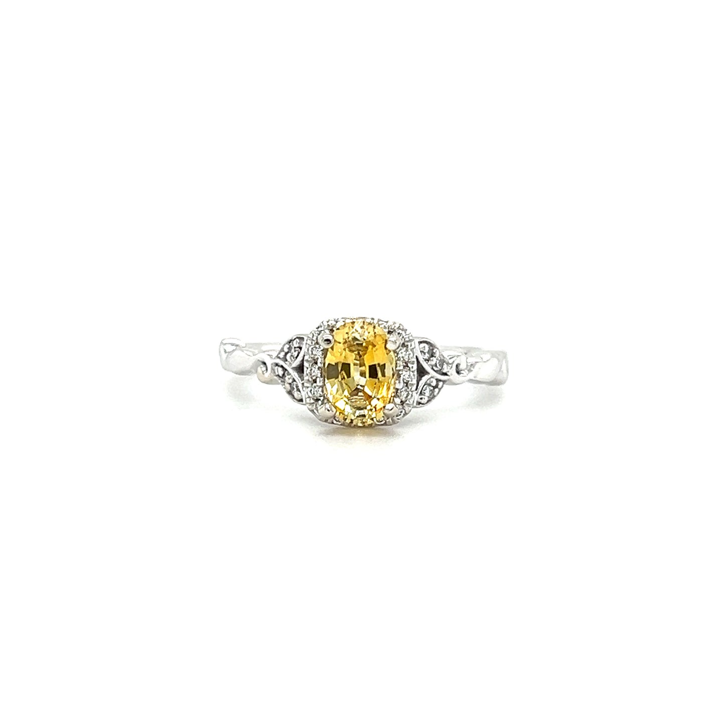 Yellow Sapphire Ring with Diamond Halo and Vine Details in 14K White Gold Front View