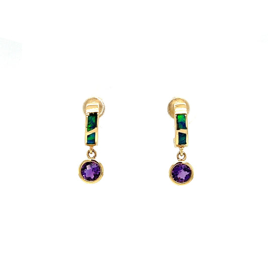 Black Opal C-Hoop Earrings with 0.5ctw of Amethyst in 14K Yellow Gold Front View