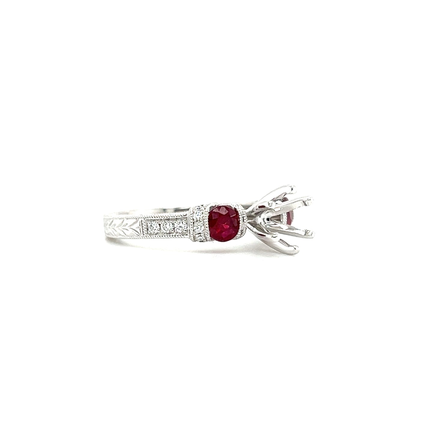 Ruby Three Stone Ring Setting with 0.16ctw of Diamonds in 14K White Gold Left Side View