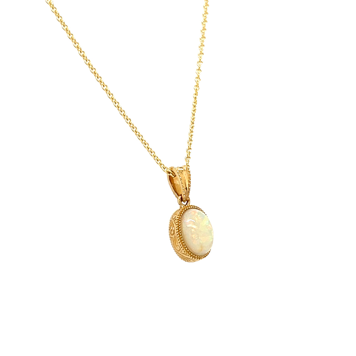 White Opal Pendant with Engraving and Milgrain Details in 14K Yellow Gold Left Side View
