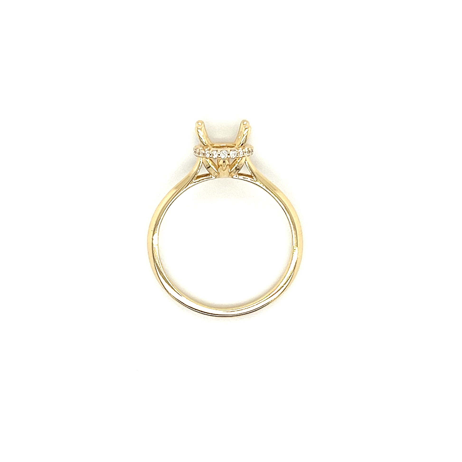 Oval Ring Setting with Hidden Diamond Halo in 14K Yellow Gold. Top View