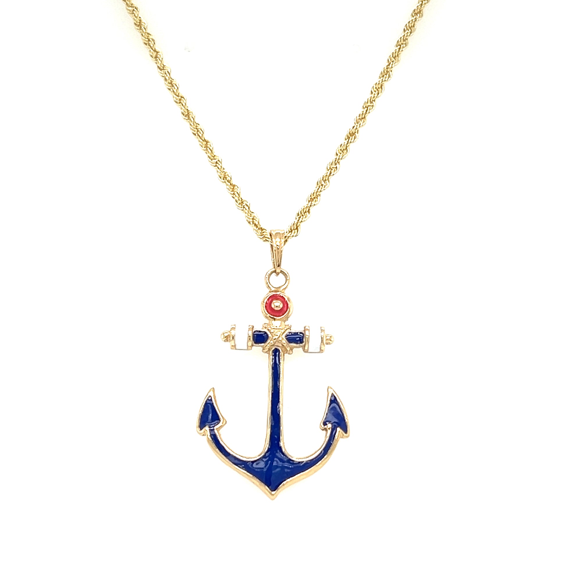 Anchor Pendant with Red White and Blue Enamel in 14K Yellow Gold Pendant on Chain Front View