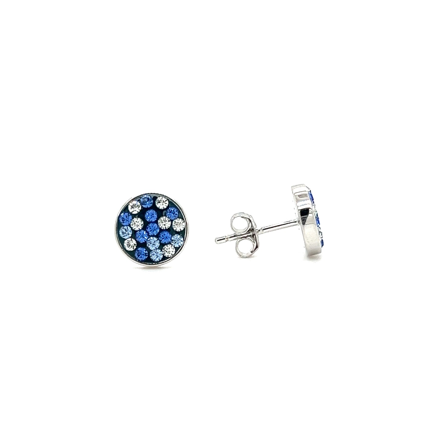 Round Blue Post Earrings with Blue and White Crystals in Sterling Silver Front and Side View