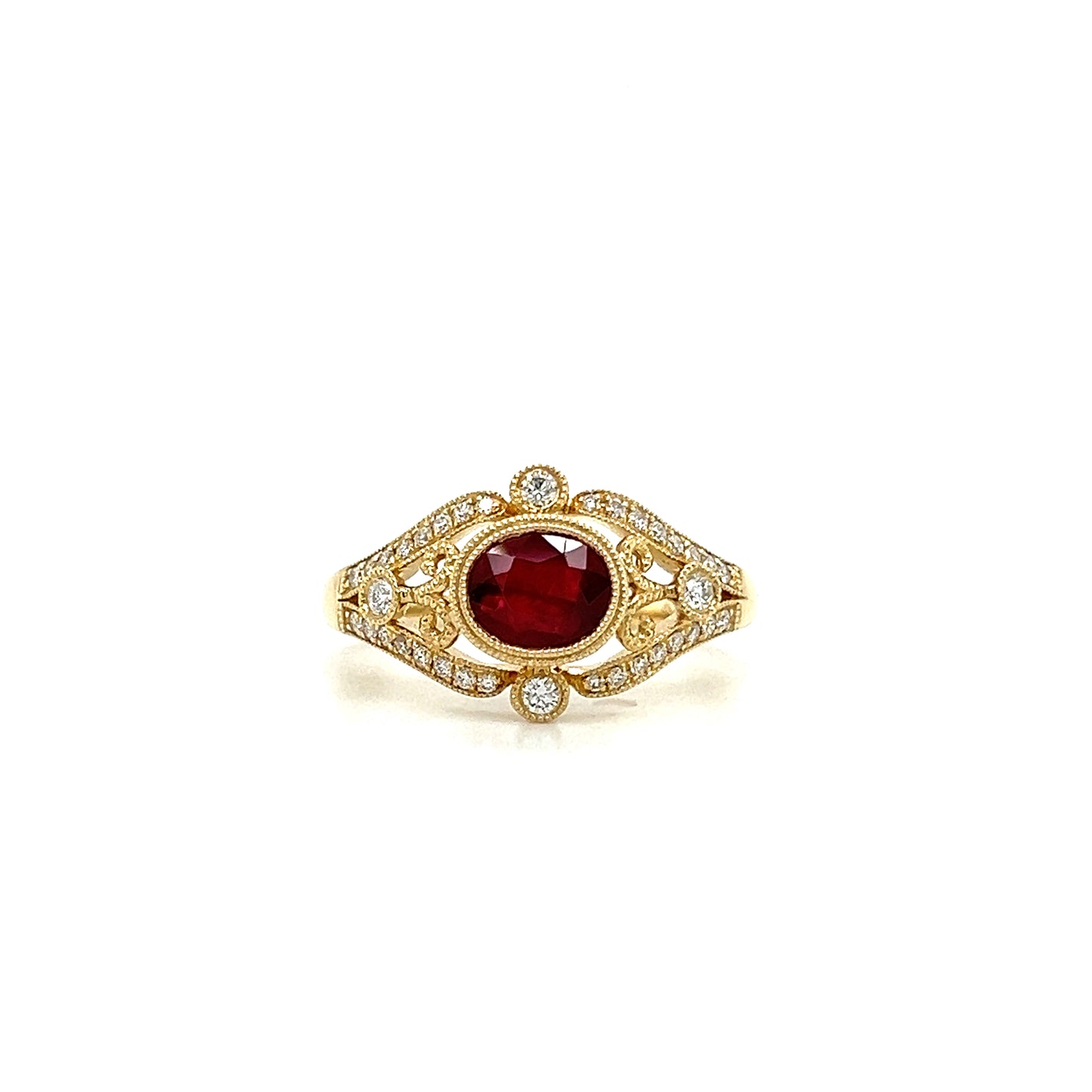 Oval Ruby Ring with Side Diamonds and Filigree in 14K Yellow Gold