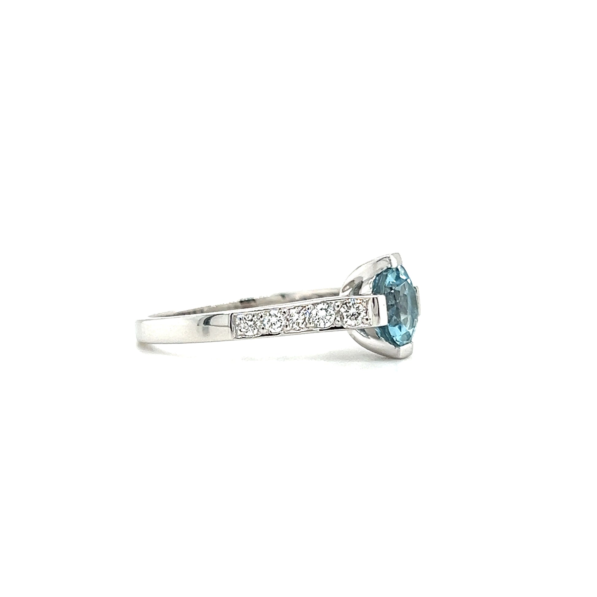 Round Aquamarine Ring with 0.28ctw of Diamonds in 14K White Gold. Left Profile