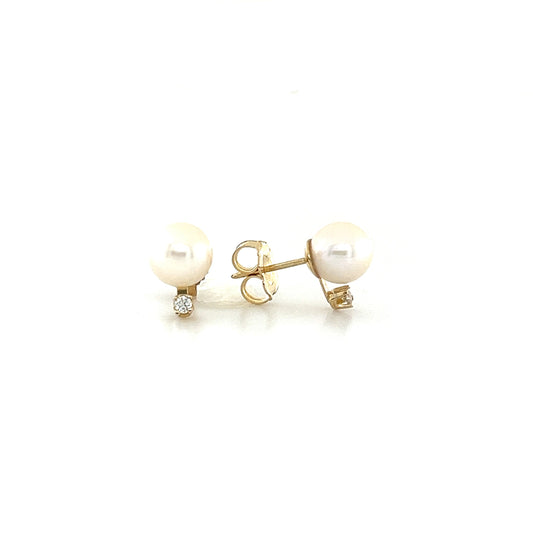 Pearl 6mm Stud Earrings with Diamond Accents in 14K Yellow Gold. Front and Side View