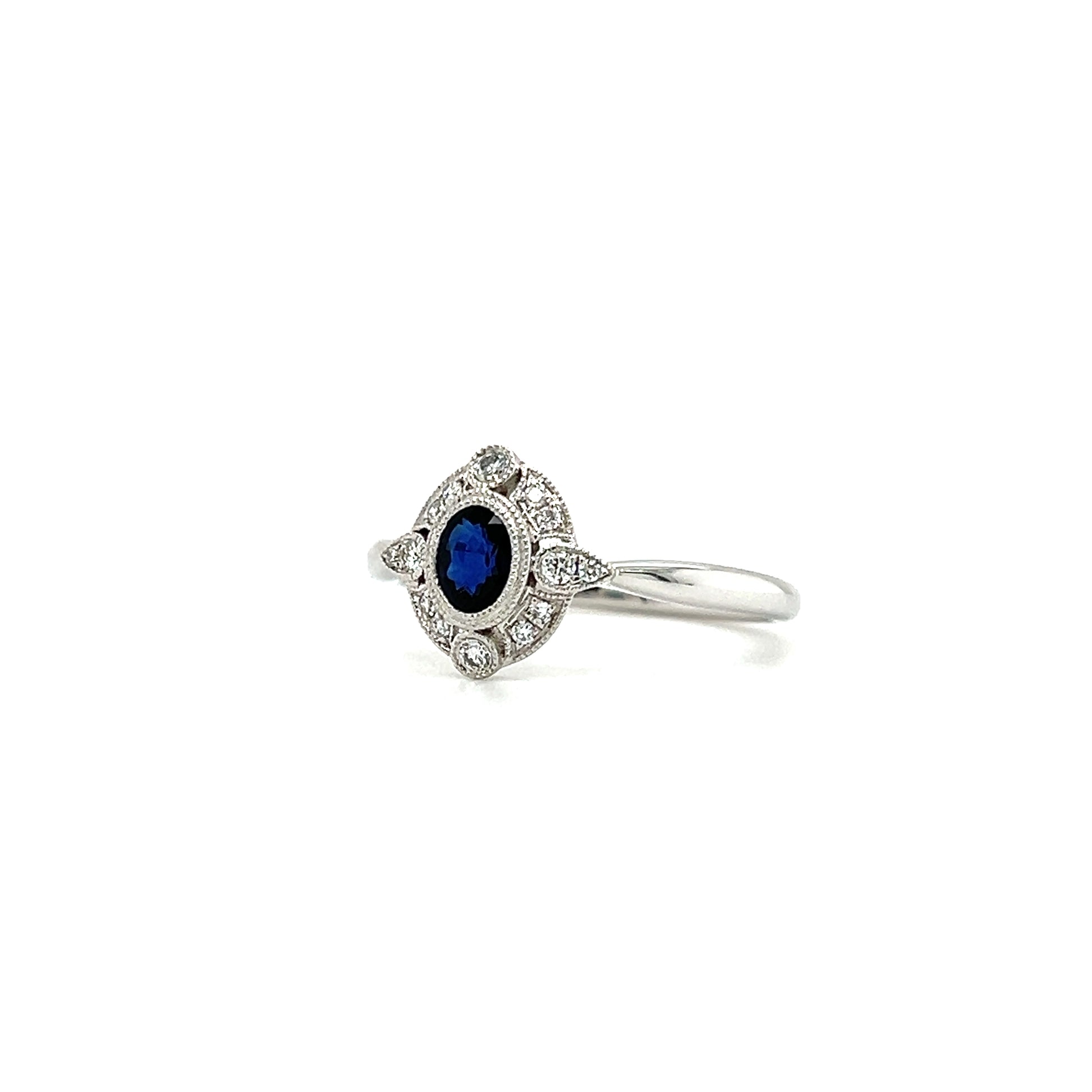 Blue Sapphire Ring with Milgrain Diamond Halo in 14K White Gold Right Side View