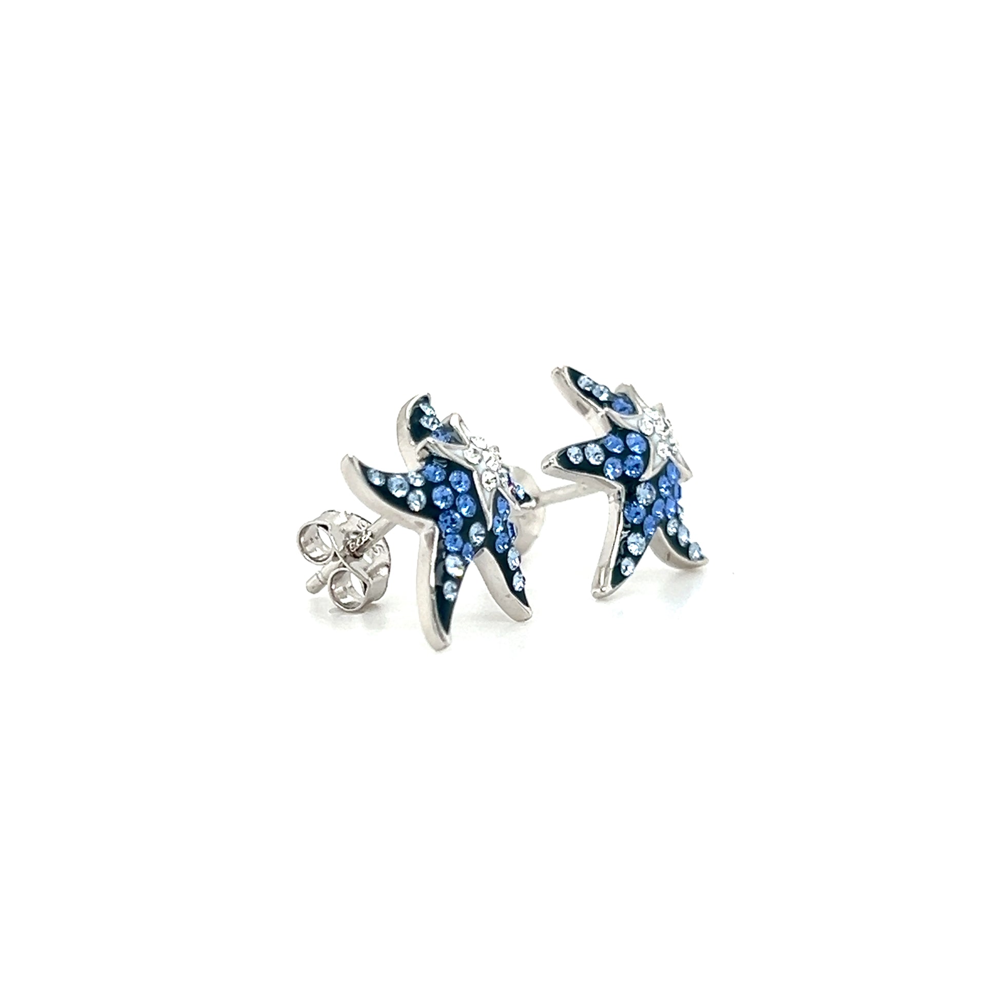 Blue and White Starfish Post Earrings with White and Blue Crystals in Sterling Silver Left Side View