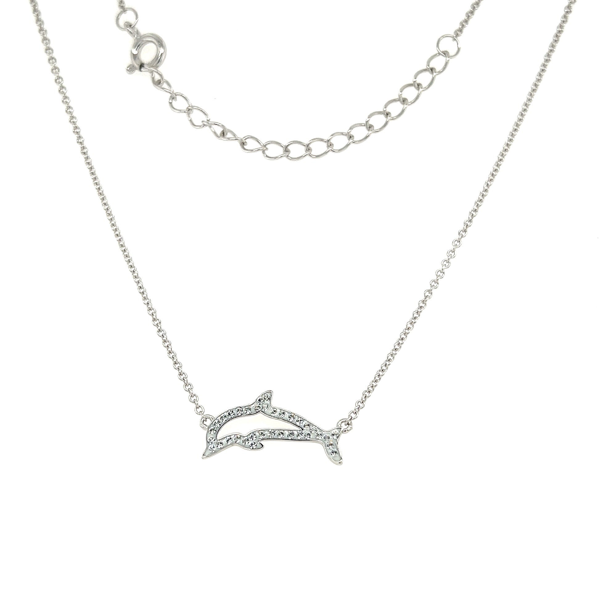 Dolphin Necklace with White Crystals in Sterling Silver Full necklace Front View