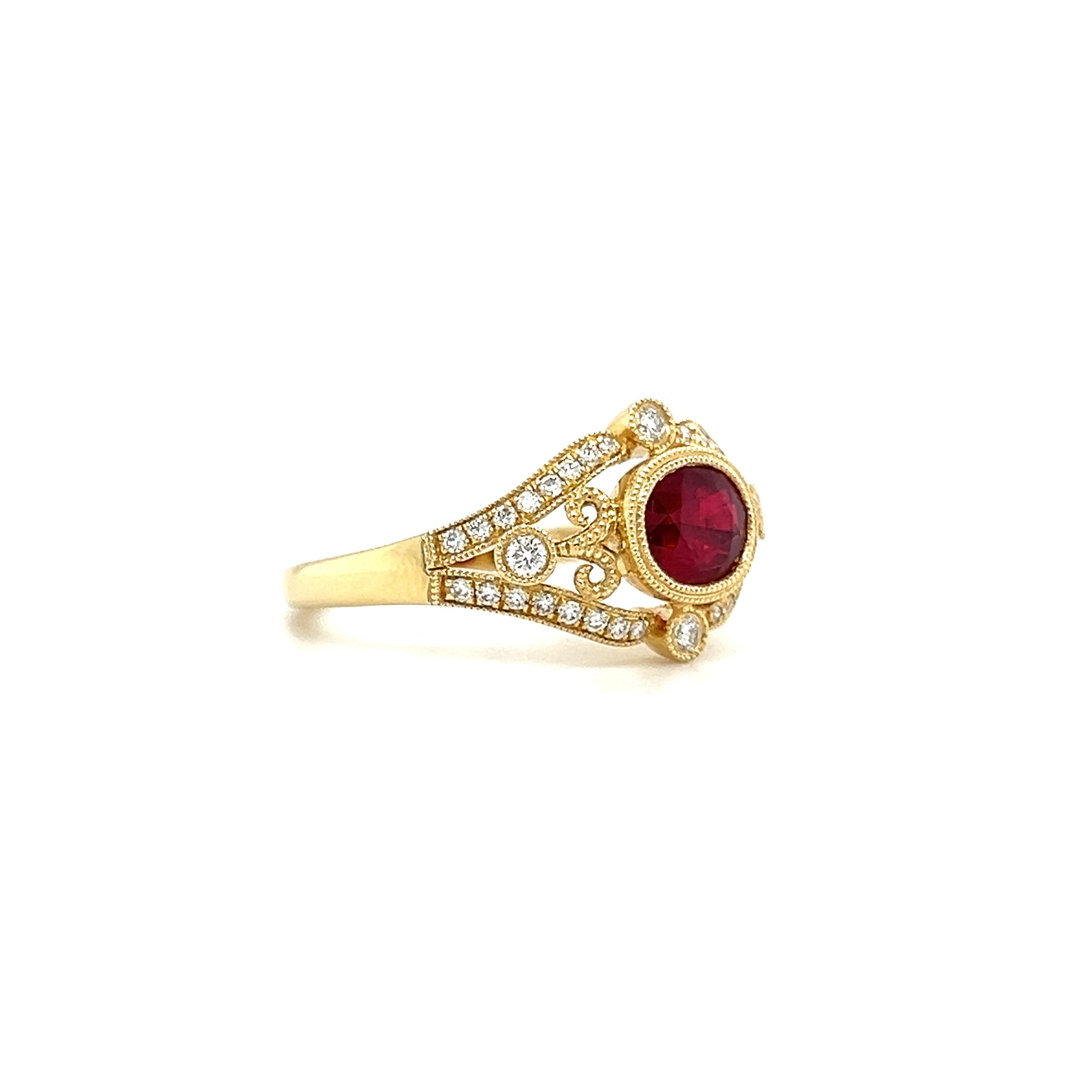 Oval Ruby Ring with Side Diamonds and Filigree in 14K Yellow Gold Left Side View