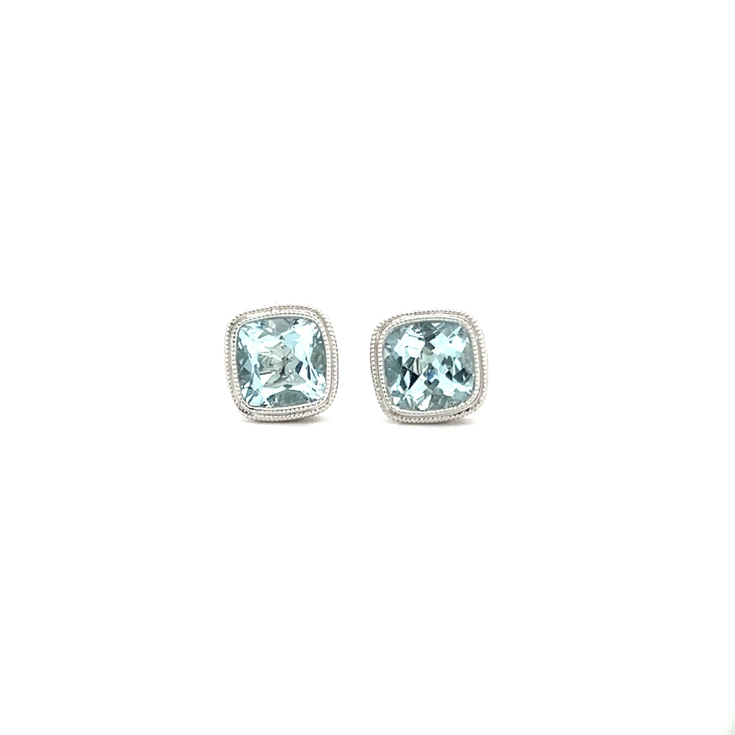 Aquamarine Stud Earrings with Milgrain and Filigree Details in 14K White Gold Front View