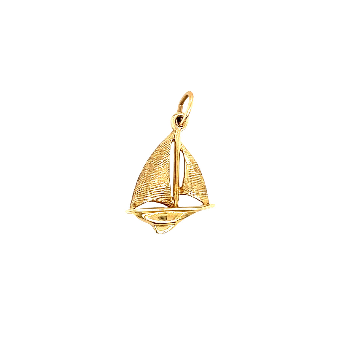 Sloop Sailboat Charm with Textured Sails in 14K Yellow Gold. Front View