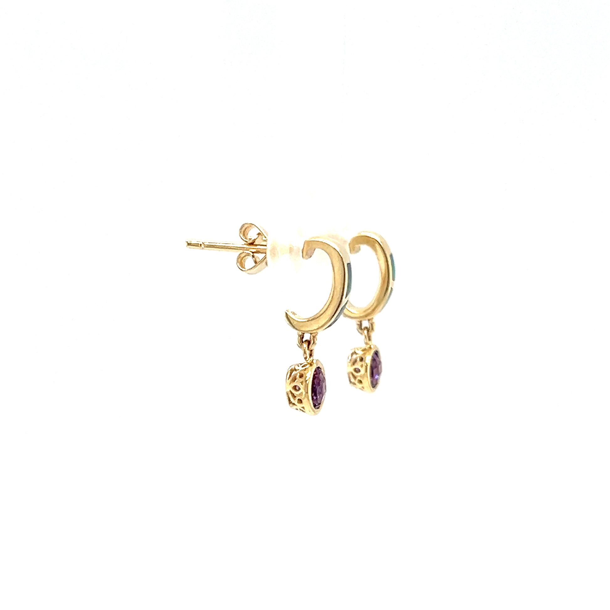 Black Opal C-Hoop Earrings with 0.5ctw of Amethyst in 14K Yellow Gold Left Profile