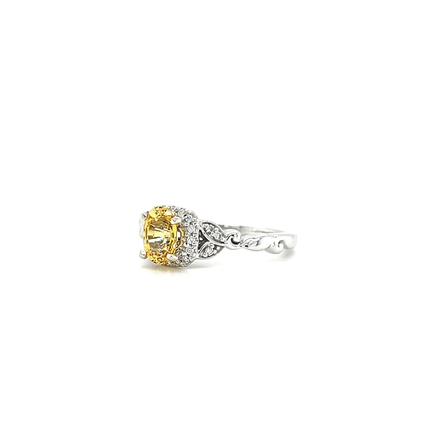 Yellow Sapphire Ring with Diamond Halo and Vine Details in 14K White Gold Right Side View