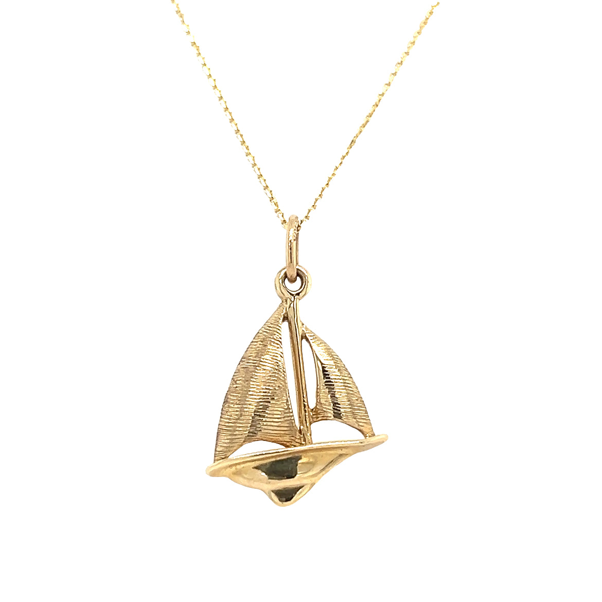 Sloop Sailboat Charm with Textured Sails in 14K Yellow Gold. Charm and Chain Front View