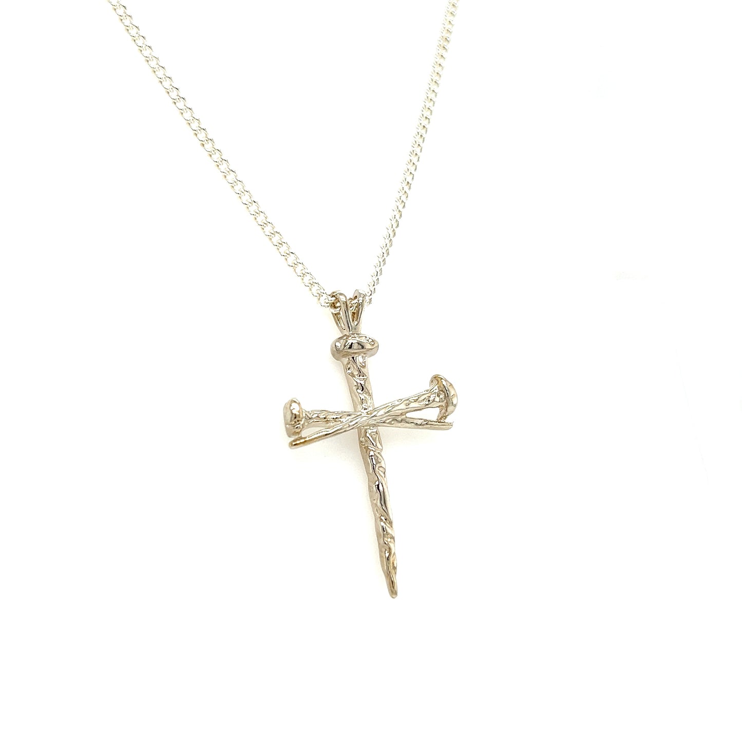 Nail Cross Necklace with Textured Details in Sterling Silver Left Side View