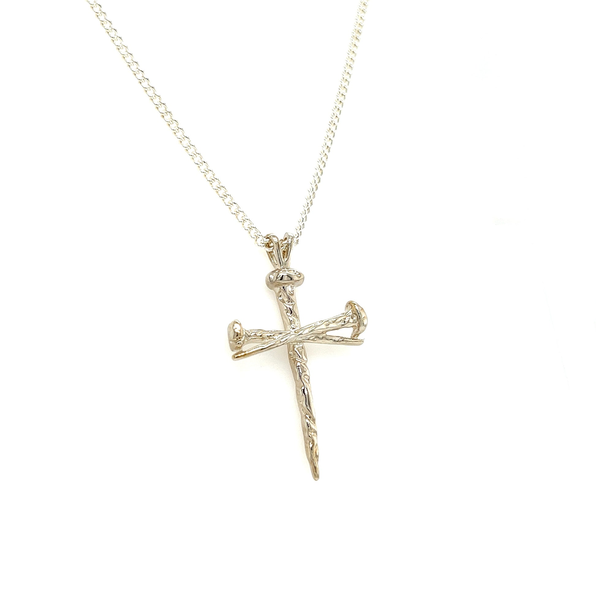 Nail Cross Necklace with Textured Details in Sterling Silver Left Side View