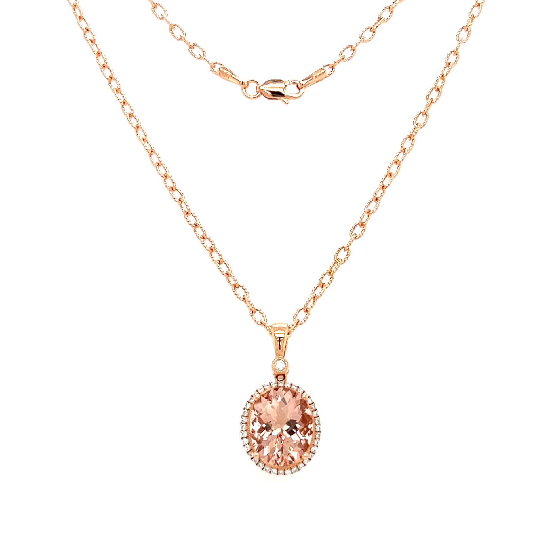Oval Morganite Necklace with Diamond Halo in 14K Rose Gold. Full Necklace Front View
