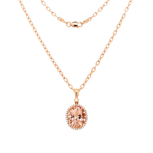 Oval Morganite Necklace with Diamond Halo in 14K Rose Gold. Full Necklace Front View
