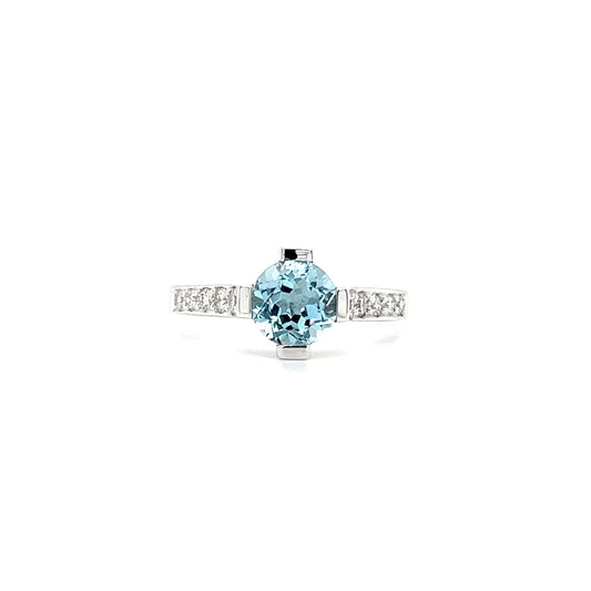 Round Aquamarine Ring with 0.28ctw of Diamonds in 14K White Gold. Front View