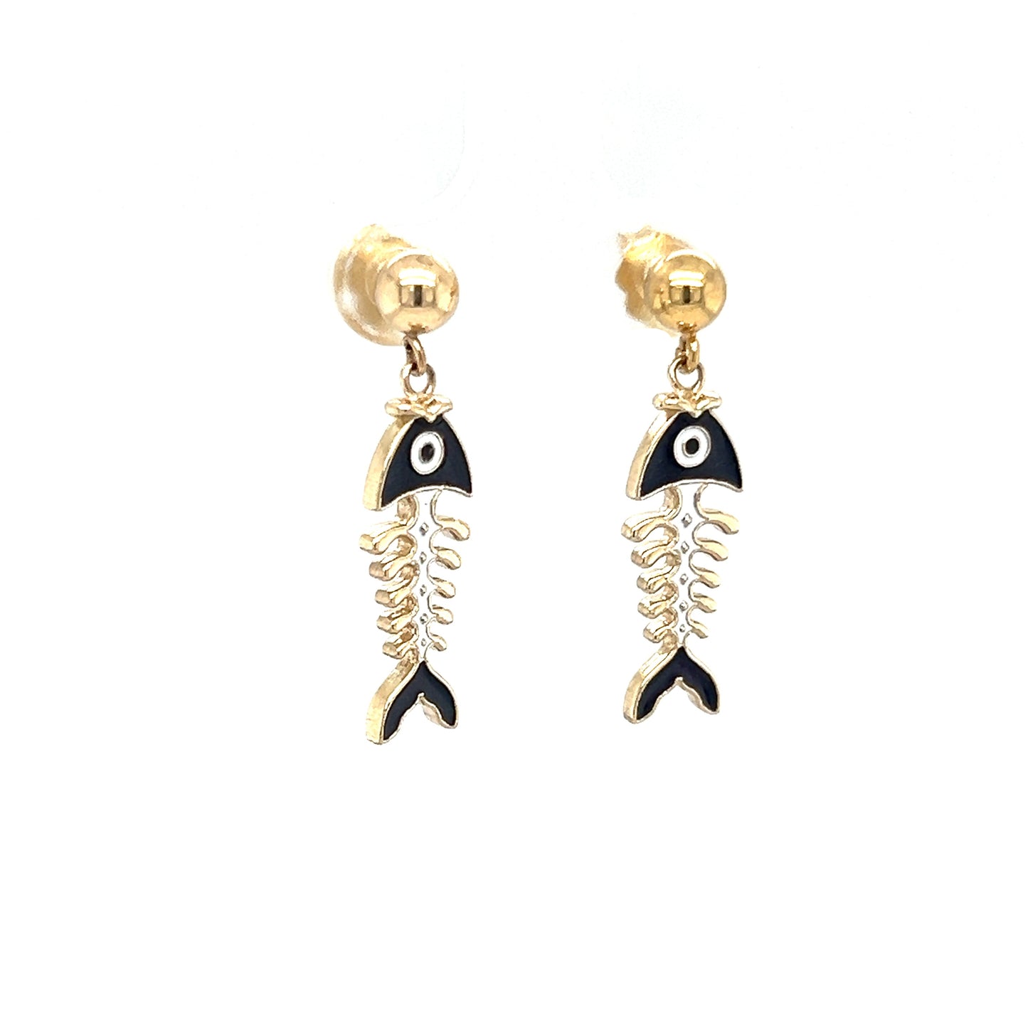 Fish Skeleton Dangle Earrings with Blue Enamel in 14K Yellow Gold Left Side View