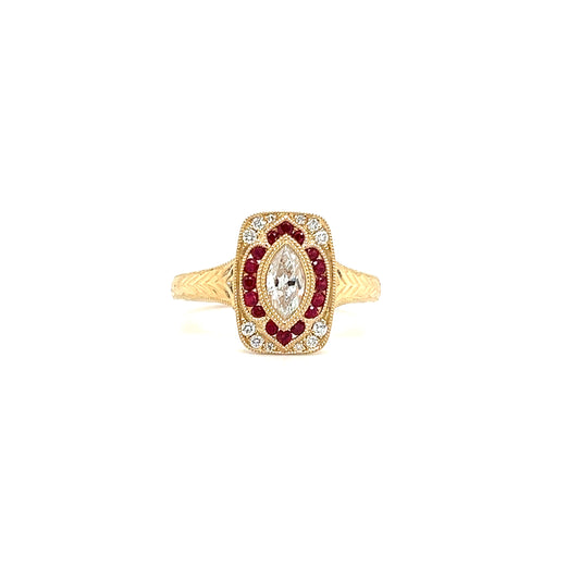 Marquise Diamond Ring with 0.23ctw of Rubies in 14K Yellow Gold Front View