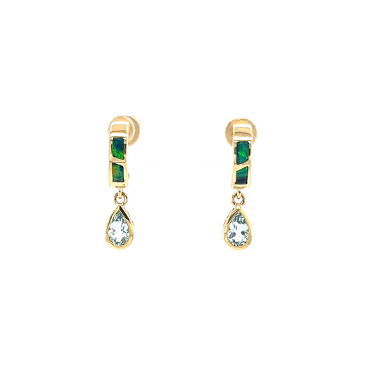 Black Opal C-Hoop Earrings with 0.51ctw of Aquamarine in 14K Yellow Gold Front View