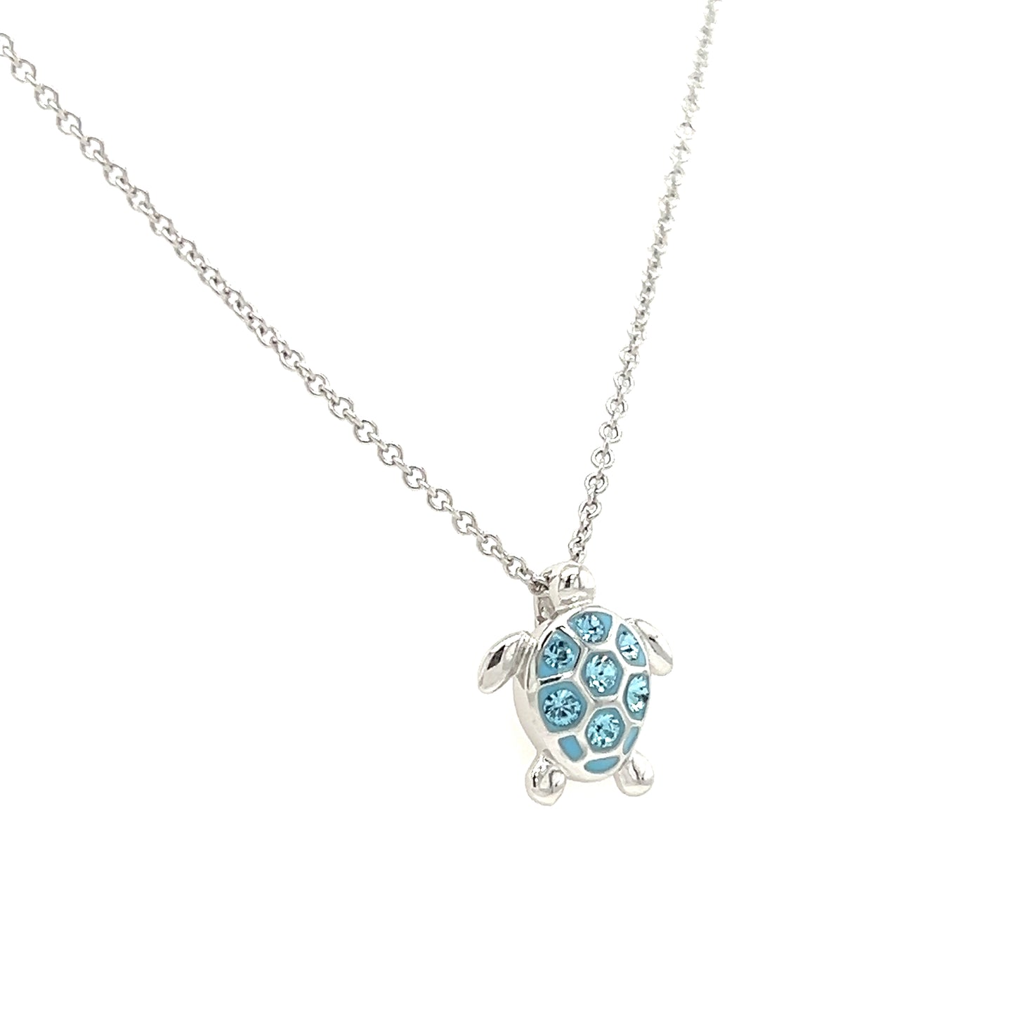 Small Turtle Necklace with Aquamarine Crystals in Sterling Silver Left Side View